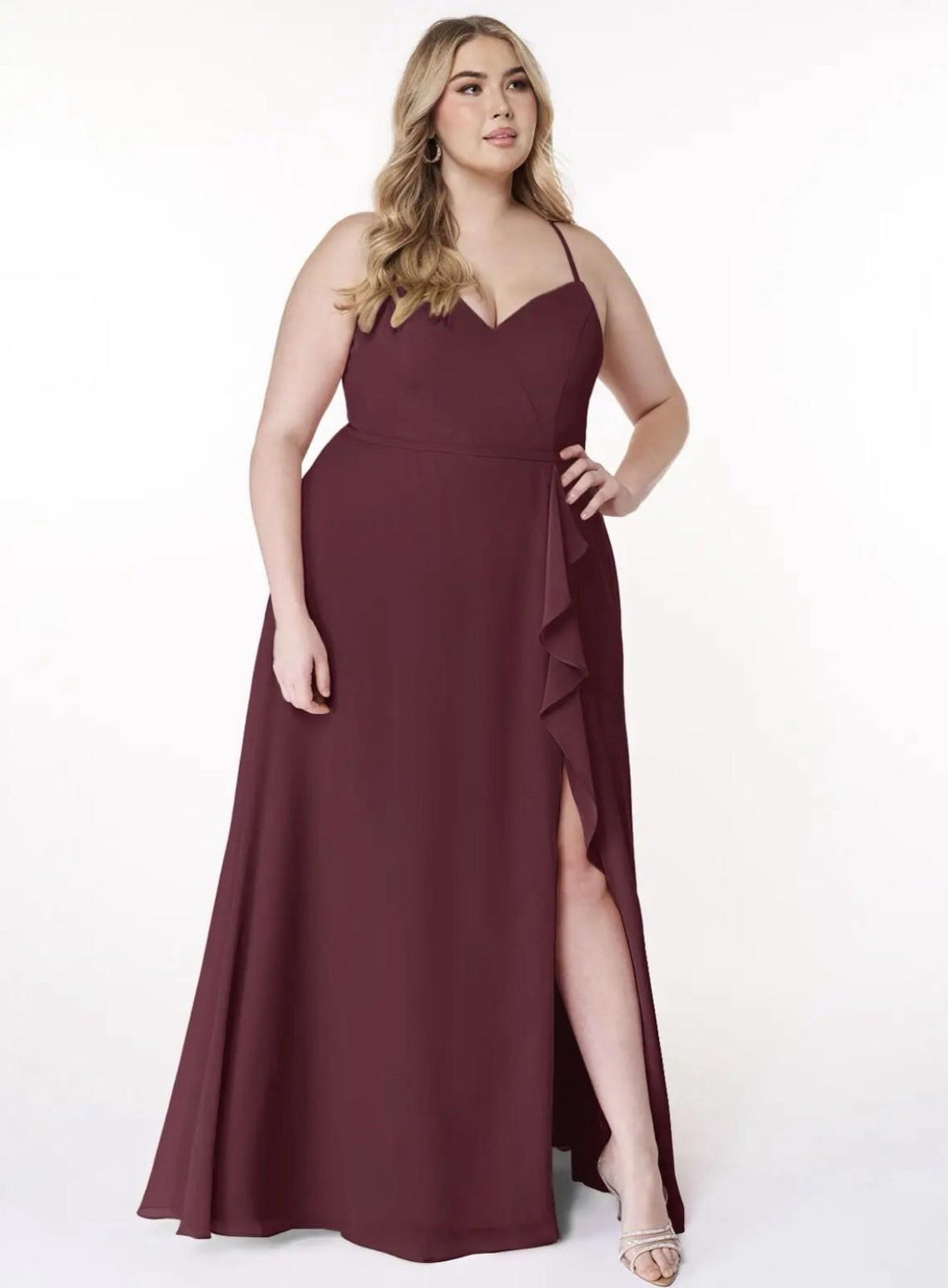 Azazie Burgundy Cabernet A-Line V-neck Ruffle Chiffon A16