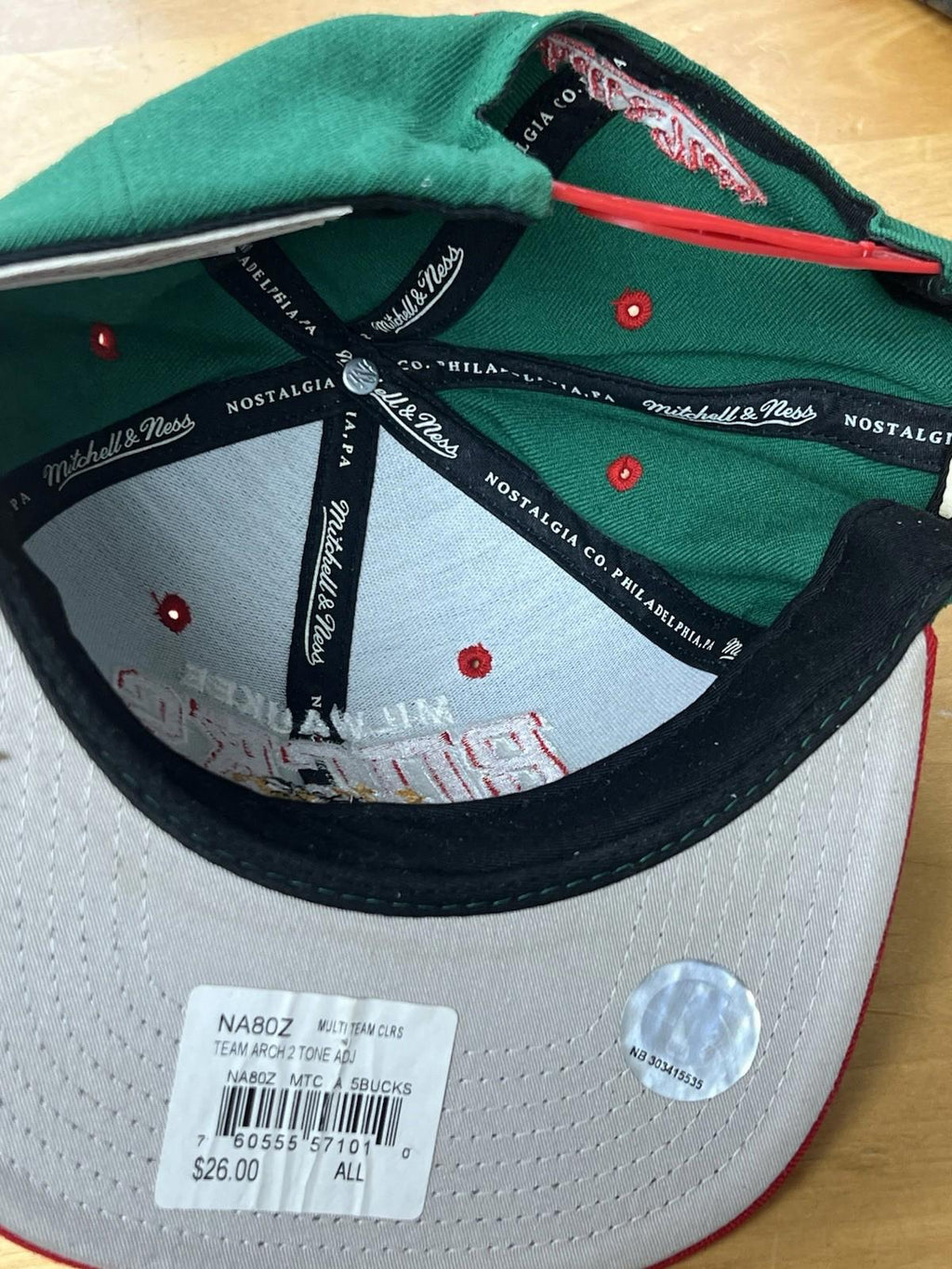 Mitchell & Ness Milwaukee Bucks Snapback Hat Red Green NBA Throwback Cap Mens