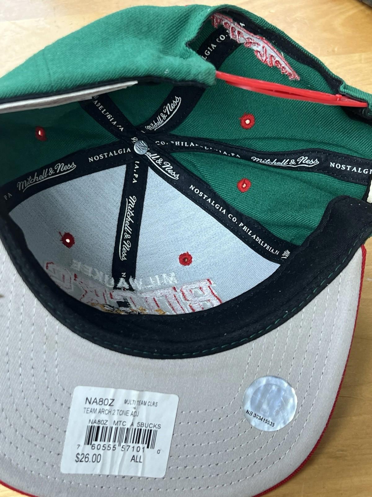 Mitchell & Ness Milwaukee Bucks Snapback Hat Red Green NBA Throwback Cap Mens