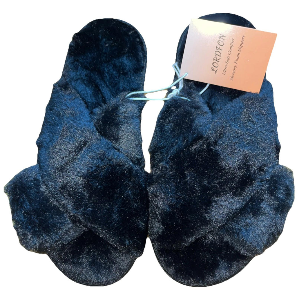LORDFON Open Toe Cross Band Womens Fluffy Slip Ons Small 5/6