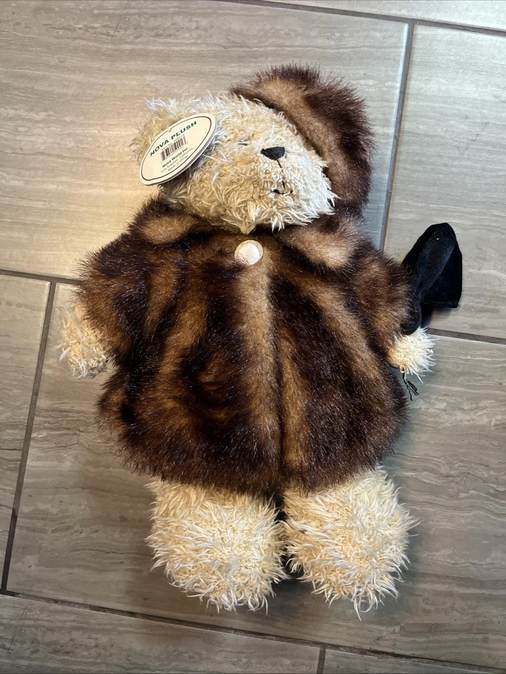 PLUSH 15" SHAGGY FANCY BEAR WITH FUR COAT HAT CHERISH PURSE