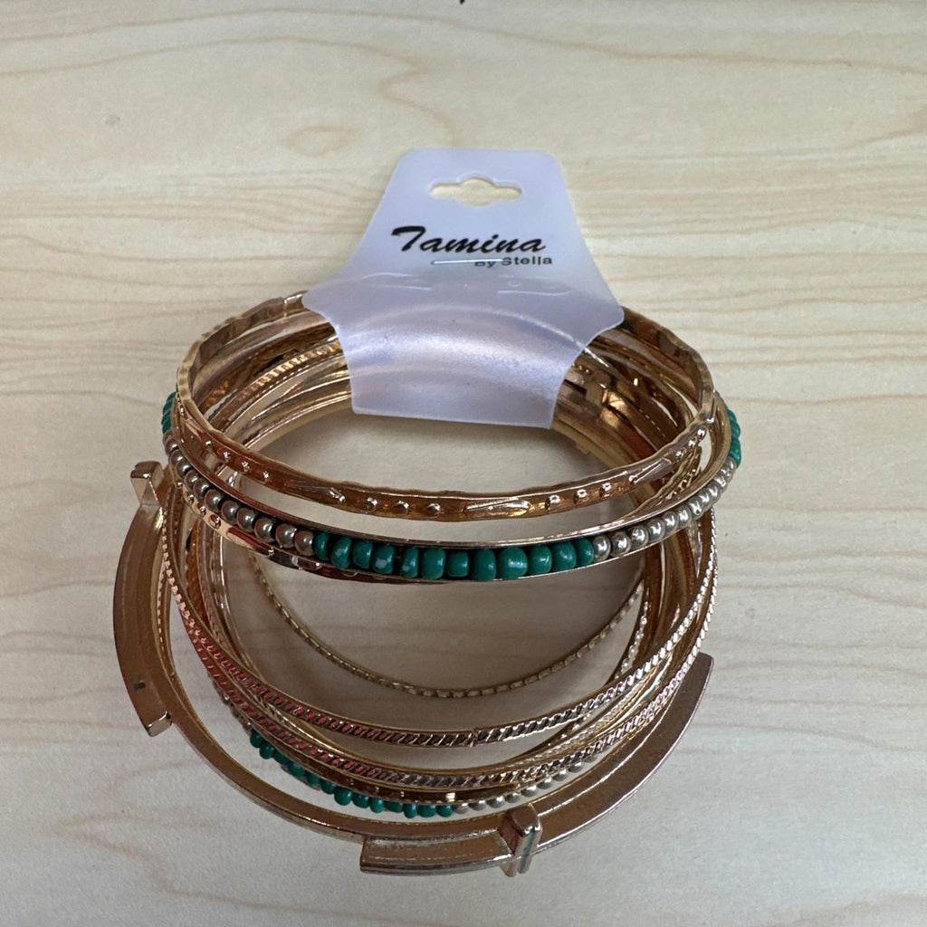 Tamina By Stella Gold Green 13 Piece Bangle Bracelet Set New