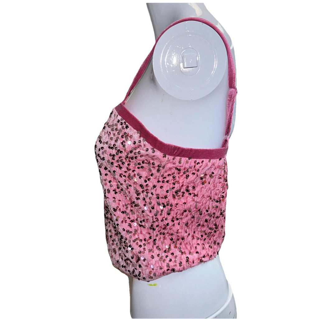Allegra K Cami L Light Pink Velvet Sequin Crop Spaghetti