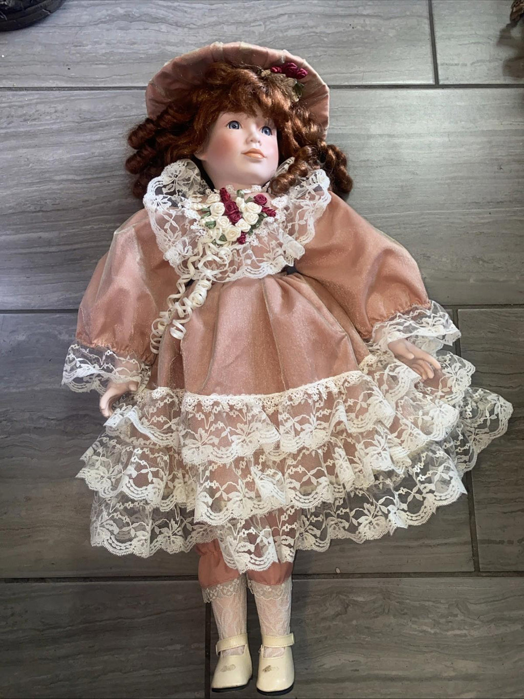 Victorian Porcelain Doll with Red Curly Hair