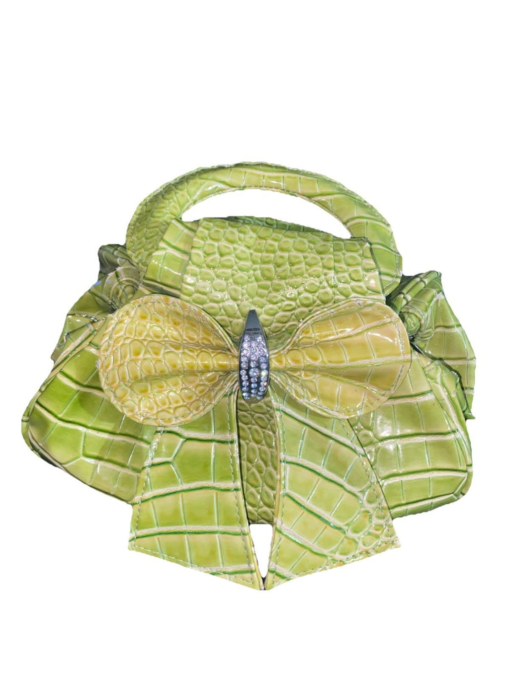 Crocodile-Embossed Y2K Small Beige Handbag Bow Rhinestones