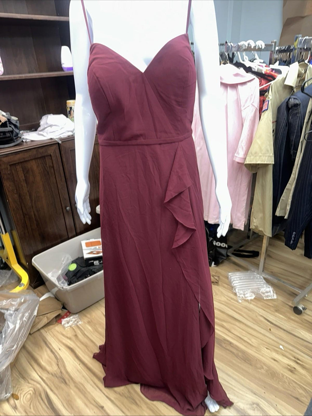 Azazie Burgundy Cabernet A-Line V-neck Ruffle Chiffon A16