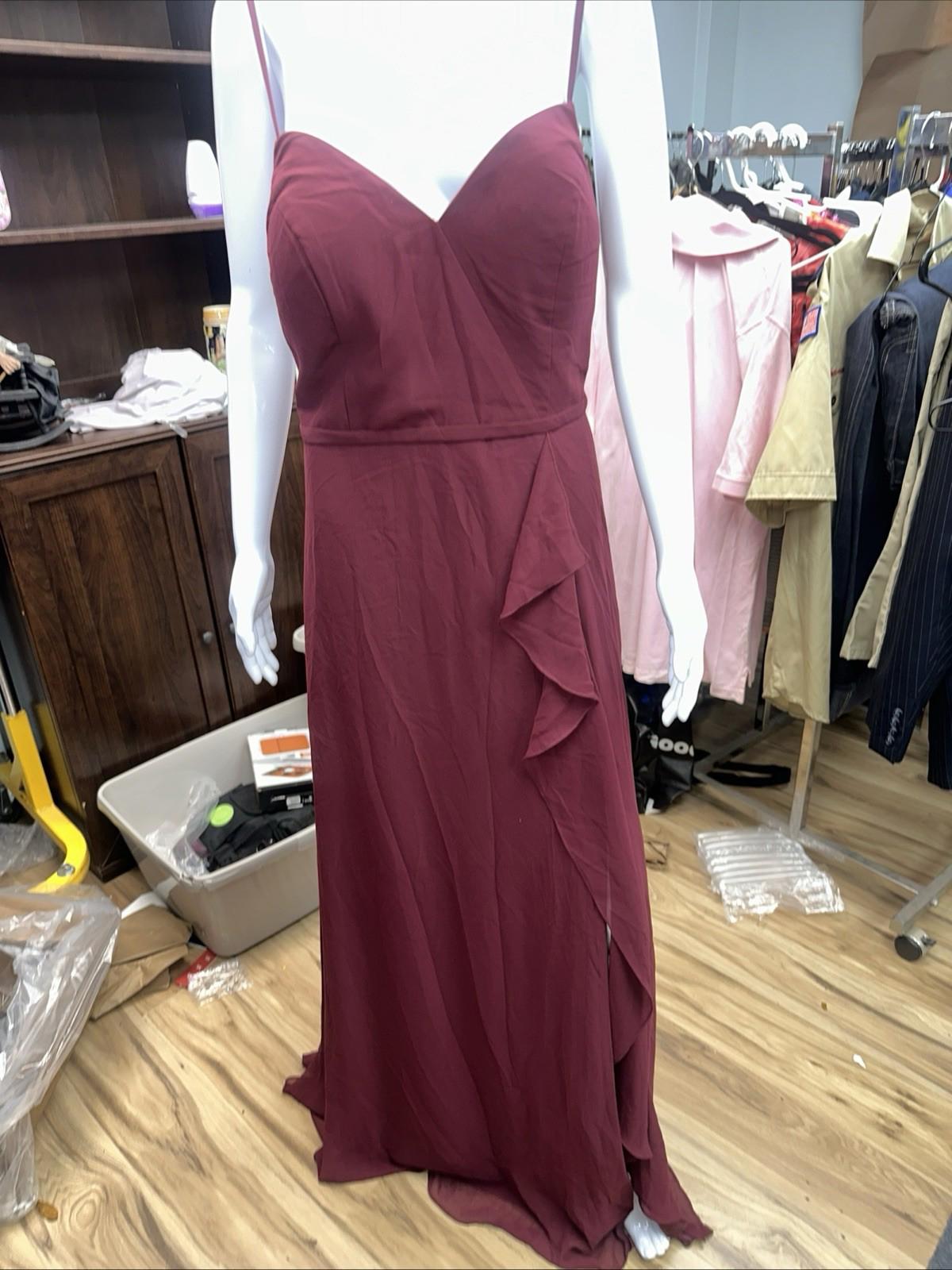 Azazie Burgundy Cabernet A-Line V-neck Ruffle Chiffon A16