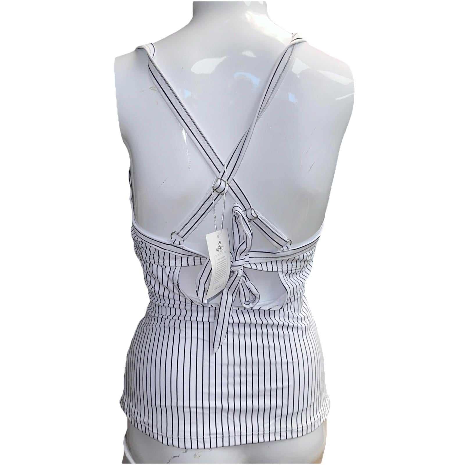 B2prity Pen Stripped Black White V Neck Tankini Medium