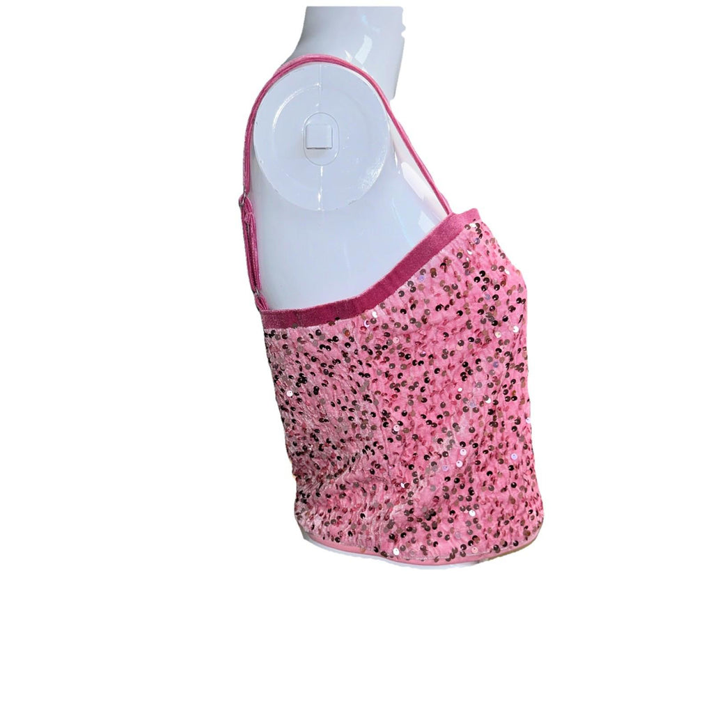 Allegra K Cami L Light Pink Velvet Sequin Crop Spaghetti
