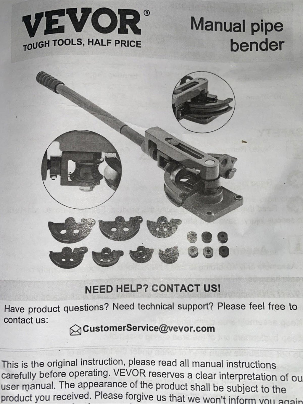 Vevor Manual Pipe Bender SWG25 New Open Box