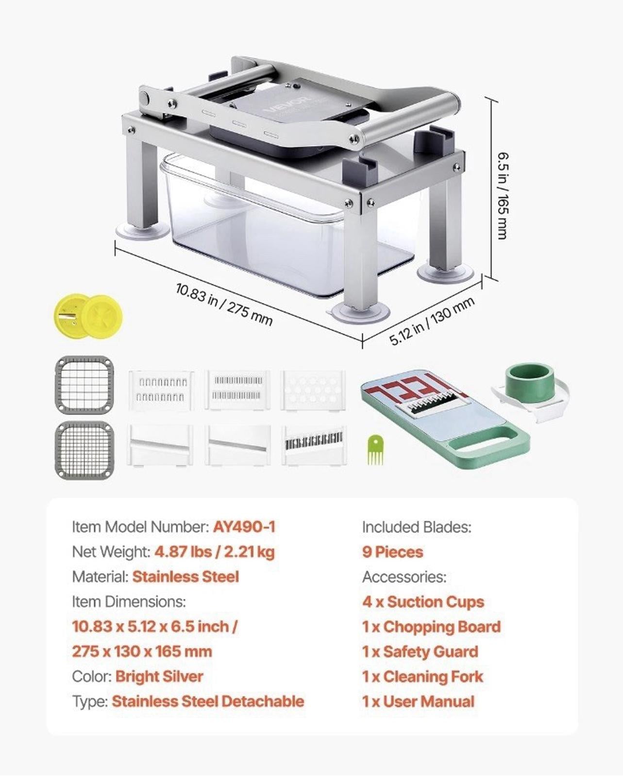 VEVOR 9-in-1 Fru Food Cutter Slicer 9 Blades Stainless Steel