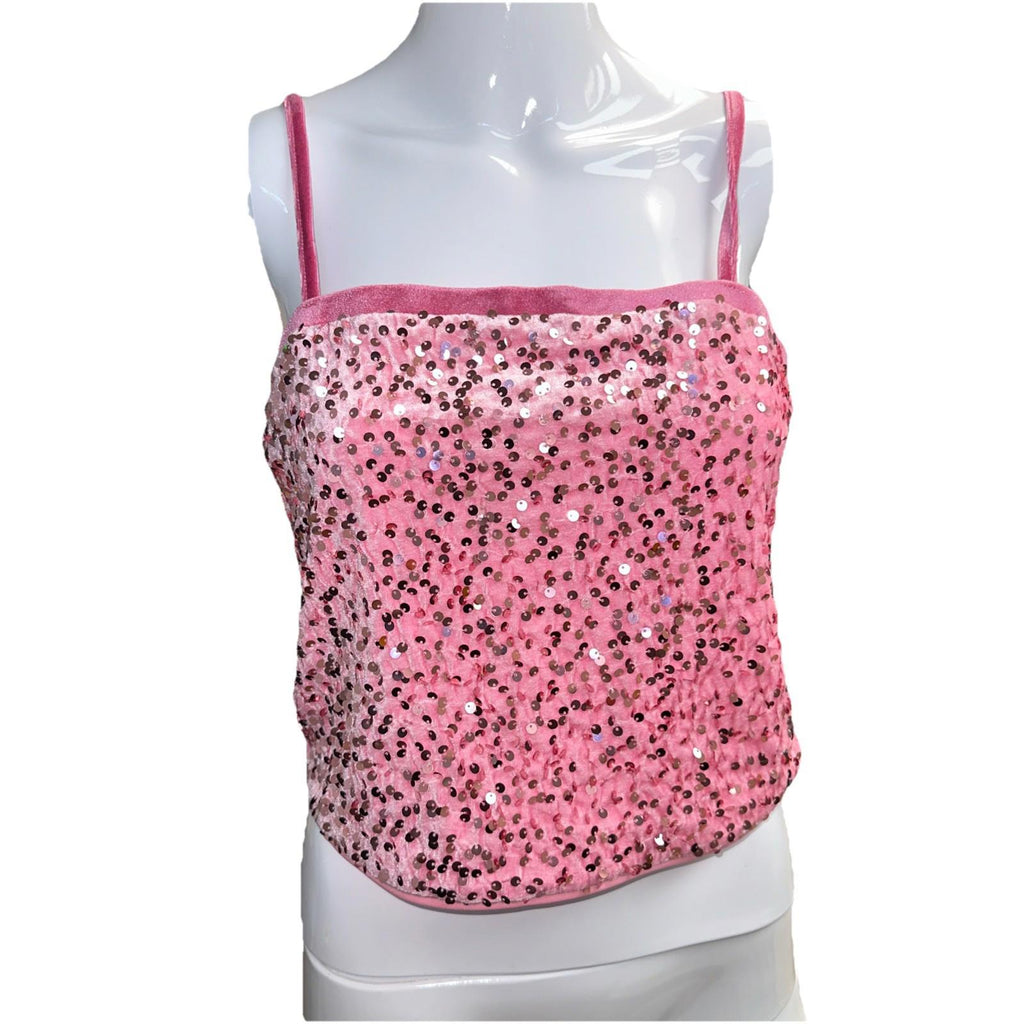 Allegra K Cami L Light Pink Velvet Sequin Crop Spaghetti