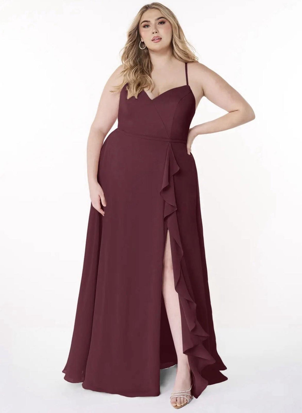 Azazie Burgundy Cabernet A-Line V-neck Ruffle Chiffon A16