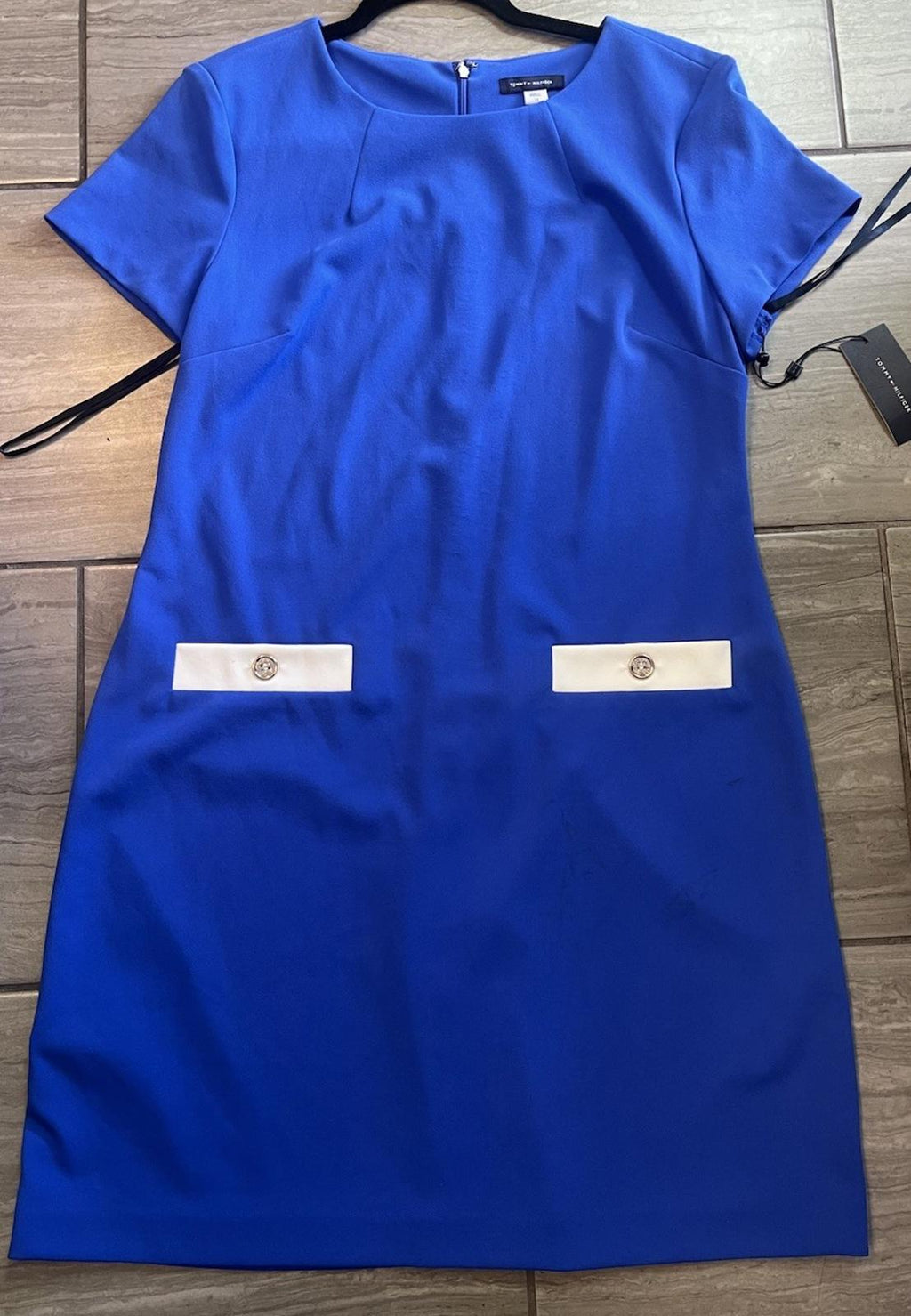 NWT Tommy Hilfiger Faux Pocket Dress 12 Blue White Sleeve