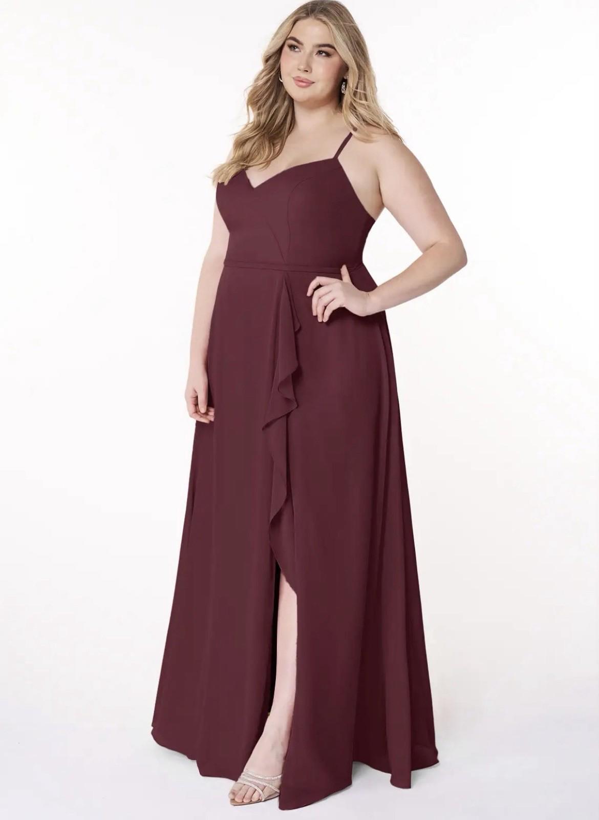 Azazie Burgundy Cabernet A-Line V-neck Ruffle Chiffon A16