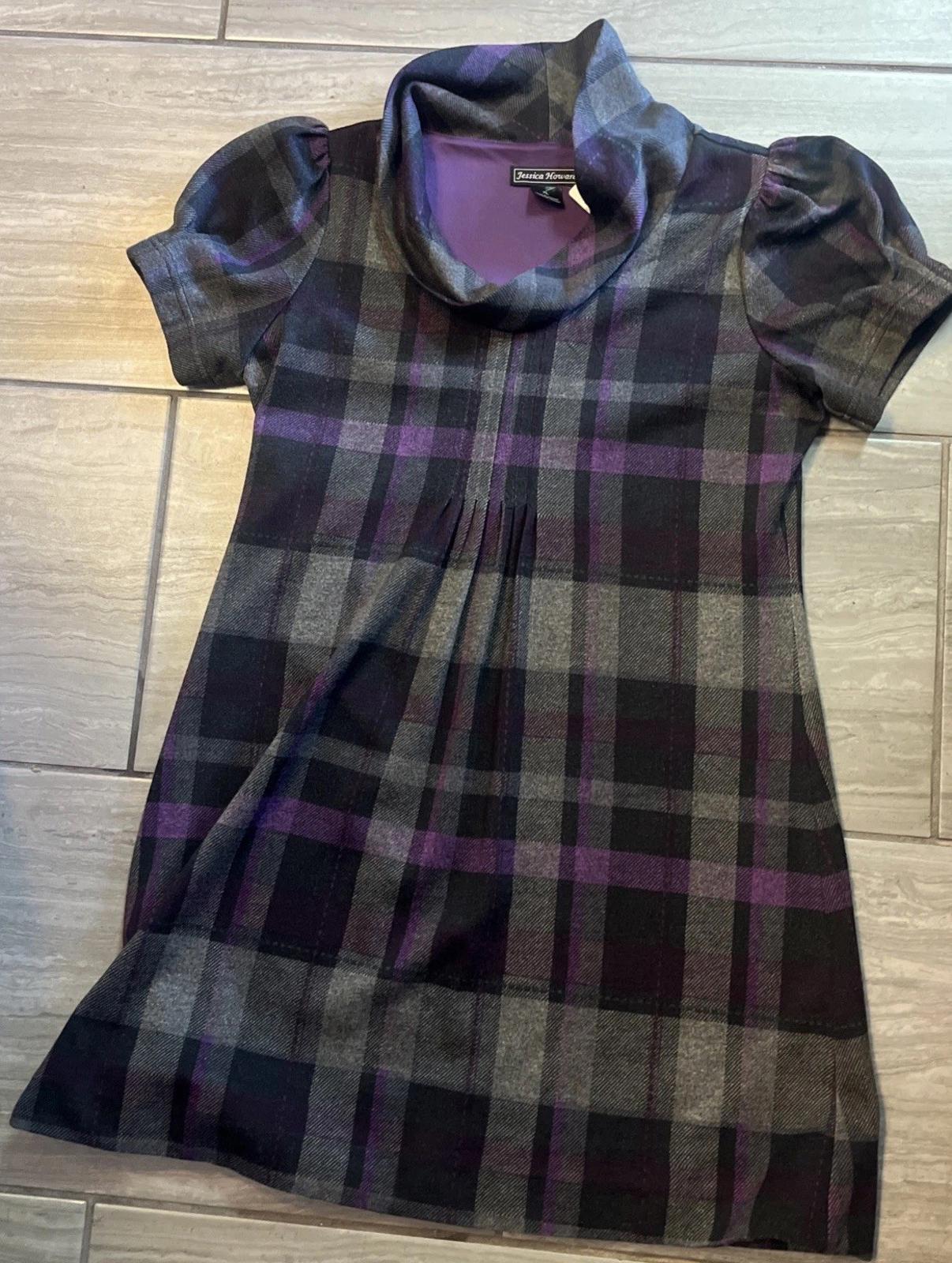 Jessica Howard Black Purple Gray Plaid Short Sleeve Dress PL