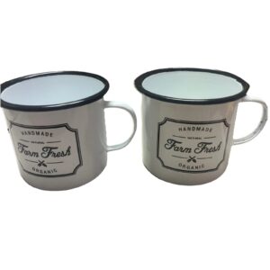 COFFEE MUG Set - Farmhouse Enamel Mug Set White Black Lettering - use for decor