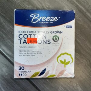 Breeze Feminine Care 100% Organically Grown Cotton Tampons 30 Regular Size New