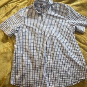 Ralph Lauren Chaps Mens Button Up Short Sleeve Shirt Pink Blue Plaid Large