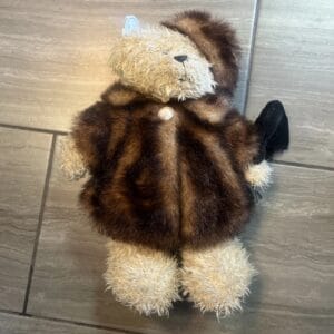 PLUSH 15" SHAGGY HAIR STUFFED FANCY BEAR WITH FUR COAT, HAT & "CHERISH"PURSE