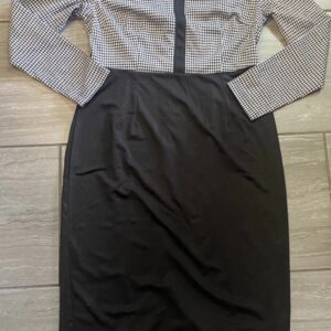 Allegra K Women Long Sleeve Zipper Size L Black Pencil Houndstooth Midi Dress