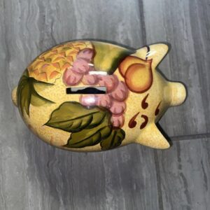 Vintage Ceramic Piggy Bank Painted Eyes Tuscan Style Fruit Design Earthy Palette