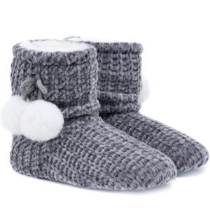 NWT LORDFON Chenille Knit Womens Bootie Slippers with Pom Pom Size 7-8