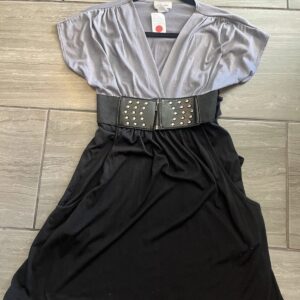 Chesley Large Grey Black Y2K Pocket Belted Casual 90s Tunic Top Cap Sleeves